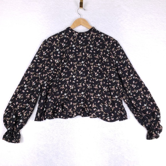 Abound Floral High Neck Blouse Long Sleeve XXL Black Scallop Hem Cottagecore - Picture 1 of 10